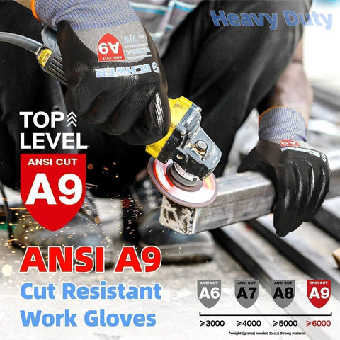 Person using grinder wearing Dual Nitrile Coated Work Gloves ANSI A9 Cut Abrasion Puncture Resistant 3/4 Double Coating Black Large