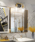 Two Light Sleek Industrial Black And Gold Vanity Light Fixture Over Mirror With Clear Glass Shades in modern bathroom