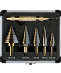 Six Piece Step Drill Bit Set With Automatic Center Punch Titanium HSS Coated Unibits Fifty Sizes For Metal And Aluminum Includes Durable Aluminum Case High Speed Cutting For DIYers in an aluminum case