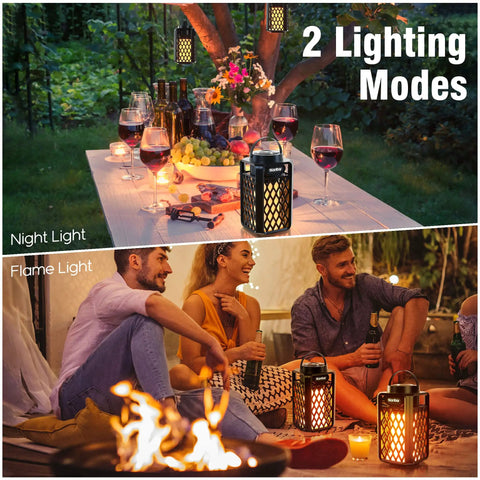 2-Pack Outdoor Torch Atmosphere Bluetooth Speakers, 10W Portable IP65 Waterproof LED Flame Lights, two lighting modes shown.