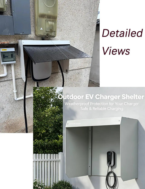 Heavy Duty Outdoor Ev Charger Rain Cover Featuring Galvanized Steel Construction And Wall Mount Spacing for Nasty Weather and Hella Tough Type Two Housing on wall.