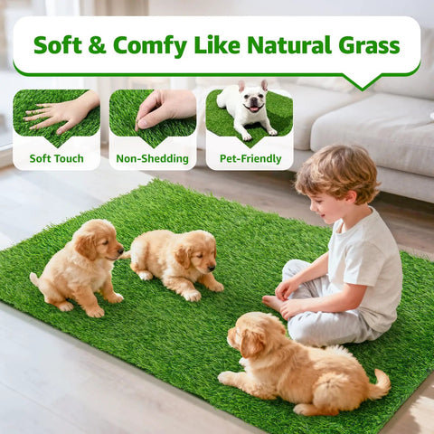 All Weather Artificial Turf For Dogs And Indoor Potty Training Replacement Grass Rug For Patio Balcony Lawn Weatherproof Dog Pad With Drainage Holes Easy To Clean 18x28 Inch Multiuse Indoor Outdoor Mat shown with puppies and child playing on it