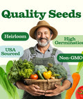 Farmer holding a basket of vegetables with text overlay "Quality Seeds," "Heirloom," "High Germination," and "Non-GMO."
