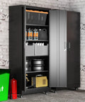 Heavy Duty 73 Inch Metal Storage Cabinet On Wheels With Locking Doors And Four Adjustable Shelves open with items inside