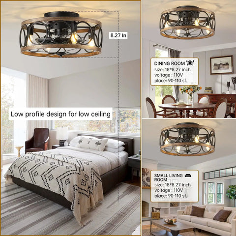 Farmhouse Style Ceiling Fan With Lights Remote Control, Caged Flush Mount, shown in dining and living rooms, 18 inch design.