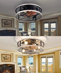 Beech Walnut 20 Inch Caged Ceiling Fan With Lights Remote Control installed in elegant living room setting