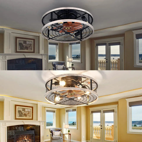 Beech Walnut 20 Inch Caged Ceiling Fan With Lights Remote Control installed in elegant living room setting