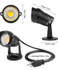 All Weather 5W LED Landscape Up Down Light With 110V Plug showcasing dimensions, aluminum body, glass lens, and cable