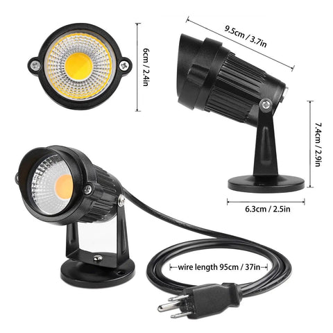 All Weather 5W LED Landscape Up Down Light With 110V Plug showcasing dimensions, aluminum body, glass lens, and cable