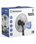 16 Inch Pedestal Fan With Five Blade Design And Three Speed Settings For Powerful Oscillating Airflow Featuring A Tilting Head And Adjustable Height In Sleek Black packaging.