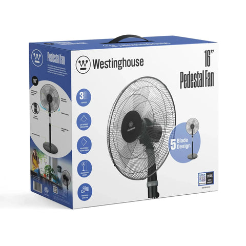 16 Inch Pedestal Fan With Five Blade Design And Three Speed Settings For Powerful Oscillating Airflow Featuring A Tilting Head And Adjustable Height In Sleek Black packaging.