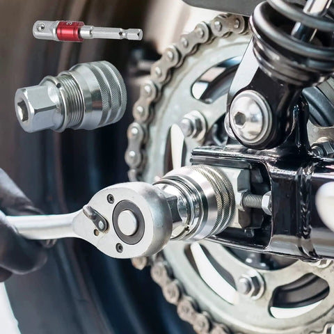 Heavy Hitter Adjustable Universal Socket Wrench clamps onto stripped rounded nuts, showing attachments near motorcycle engine.