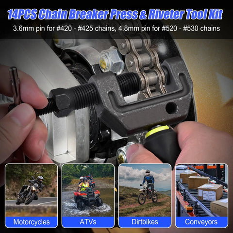 Using Pro Grade 14 Piece Heavy Duty Motorcycle Chain Breaker Tool Kit for chain removal, compatible with 420 425 520 530 chains.