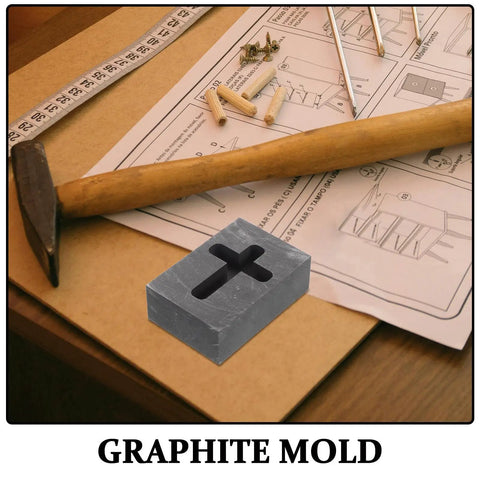 Graphite Cross Shaped Casting Mold for Melting Trusted by Jewelers High Precision Graphite Tool on workbench with hammer and plan