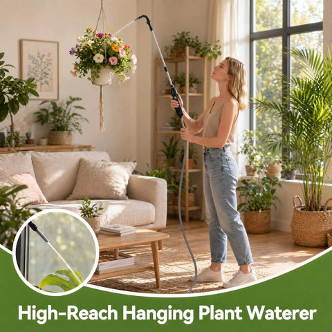 Telescoping Electric Plant Watering Wand For Indoor Hanging Plants With Ground Reach Pump 180 Degree Adjustable Nozzle in use