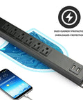 Kick The Clutter With This Badass Heavy Duty Power Strip Packing Six AC Outlets And Two Fast USB Chargers Six Foot Braided Surge Guard Cable For Phones Tablets And Desk Setups Black 300 Joules Shield close-up of power strip with six AC outlets and two USB ports.