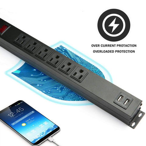 Kick The Clutter With This Badass Heavy Duty Power Strip Packing Six AC Outlets And Two Fast USB Chargers Six Foot Braided Surge Guard Cable For Phones Tablets And Desk Setups Black 300 Joules Shield close-up of power strip with six AC outlets and two USB ports.