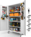Beefed Up Tall And Wide Metal Storage Cabinet With Lockable Doors Four Adjustable Shelves Wheels And Pegboard Boss Grade Garage Cabinet For Office Gym Basement And Warehouse White