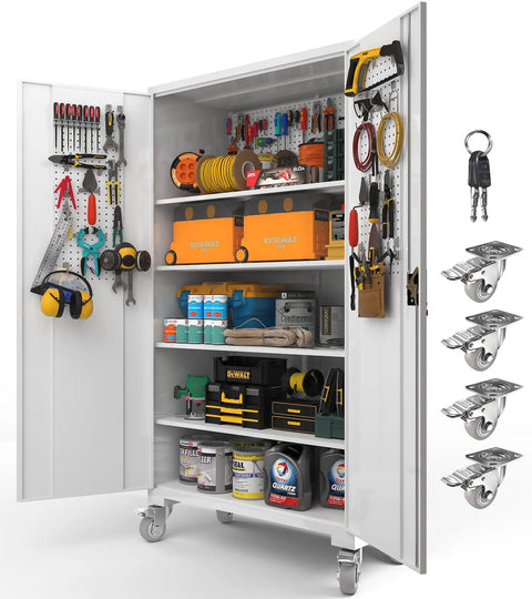 Beefed Up Tall And Wide Metal Storage Cabinet With Lockable Doors Four Adjustable Shelves Wheels And Pegboard Boss Grade Garage Cabinet For Office Gym Basement And Warehouse White
