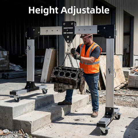 Premium Aluminum Gantry Crane Rated For 2000 Pounds lifting an engine block with a height adjustable design on a smooth rolling base.