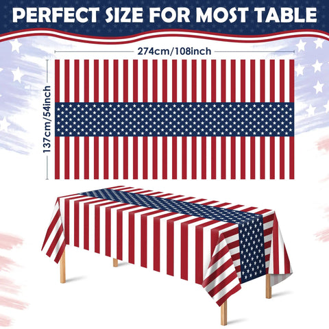 Patriotic Fourth Of July Tablecloth Set Two Pack 54 By 108 Inches Plastic Outdoor Party Cover With American Flag Design for BBQs