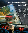 Top Shelf Oem Replacement Windshield Wiper Blades In 24 20 And 11 Inch Sizes shown on a car during heavy rain for clear visibility.