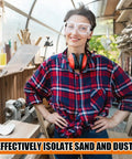 Person wearing 100 Pairs Safety Goggles Anti Fog Protective Glasses Clear Over Glasses Anti Scratch Eye Protection in workspace