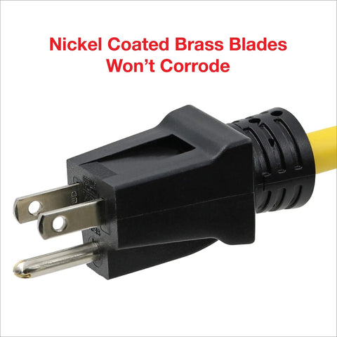 Close-up of Workhorse 150 Ft Outdoor Extension Cord plug with nickel coated brass blades showing corrosion resistance feature.