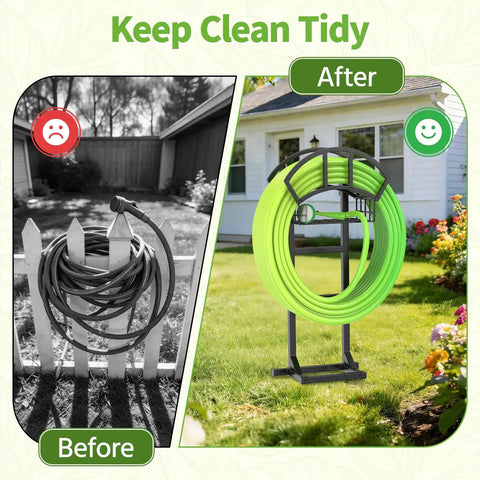 Garden Water Hose Holder And Freestanding Hose Reel Rack With Storage Basket Heavy Duty Metal Stand With 5 Spikes For Patio Yard And Lawn Holds 151 Feet Of Hose Black showing tidy lawn setup