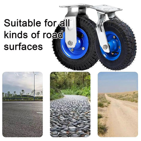 Rock Solid Heavy Duty Swivel And Fixed Caster Set With Smooth Rolling Ball Bearings includes durable rubber wheels for uneven terrain.