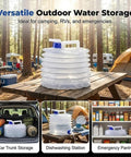 Collapsible Water Jug With Spigot 10 Liter Foldable Camping Bottle on picnic table with camp setting, car trunk, pantry views