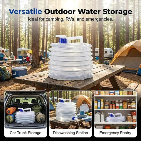 Collapsible Water Jug With Spigot 10 Liter Foldable Camping Bottle on picnic table with camp setting, car trunk, pantry views