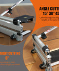 13 Inch Vinyl Floor Cutter With Wheels For Easy Angle And Length Cutting displayed cutting vinyl planks at angles.