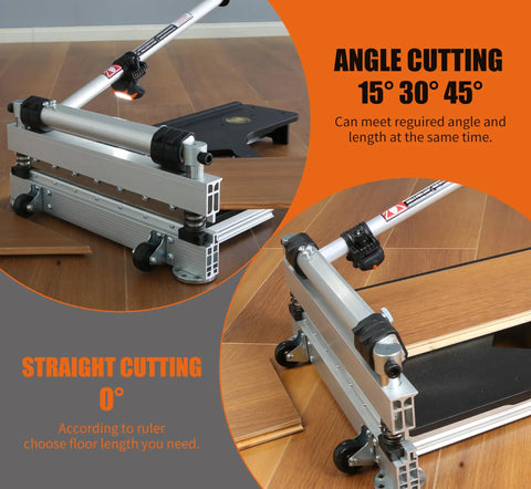 13 Inch Vinyl Floor Cutter With Wheels For Easy Angle And Length Cutting displayed cutting vinyl planks at angles.
