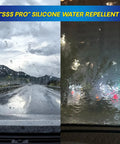 Comparison of clear and blurred views through windshield with "SSS Pro" silicone water repellent applied in rain.
