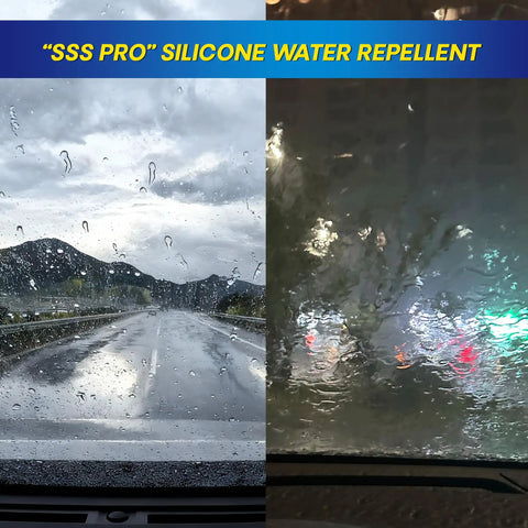 Comparison of clear and blurred views through windshield with "SSS Pro" silicone water repellent applied in rain.