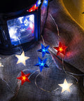Red White Blue Patriotic String Lights 16Ft 50 LED Battery Operated With Timer And Remote Flexible Fairy Lights For Independence Day Memorial Day Fourth Of July Decor At Home Indoor Outdoor Mood Lighting