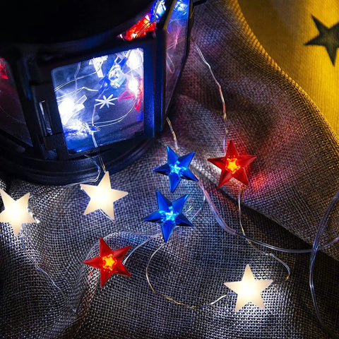 Red White Blue Patriotic String Lights 16Ft 50 LED Battery Operated With Timer And Remote Flexible Fairy Lights For Independence Day Memorial Day Fourth Of July Decor At Home Indoor Outdoor Mood Lighting