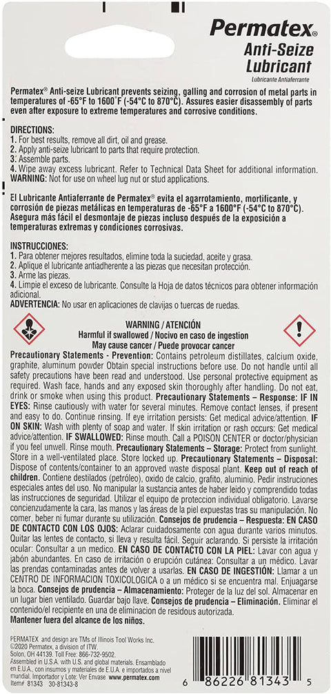 Back label of Anti Seize Lubricant 81343 1 Oz Tube Four Pack With Aluminum Copper And Graphite Blend Salt And Moisture Resistant Marine Grade Formula For No Fuss Spark Plug Removal, Cylinder Head Bolts, And Quick Disassembly.