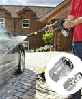 Pressure washer adapters set with 1/4 in stainless steel quick-connect fittings (NPT), 4 pcs; inset close-up of fittings