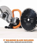 R230DCT 9 Inch Concrete Saw With 15A Motor No Gas Beats The Grinder Hands Down Ergonomic Lightweight Design With Wheeled Skid Plate For Easy Precise Cutting Diamond Masonry Blade Included next to a diamond blade.