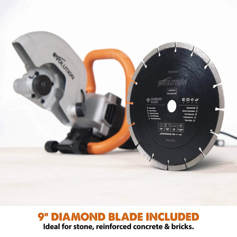 R230DCT 9 Inch Concrete Saw With 15A Motor No Gas Beats The Grinder Hands Down Ergonomic Lightweight Design With Wheeled Skid Plate For Easy Precise Cutting Diamond Masonry Blade Included next to a diamond blade.