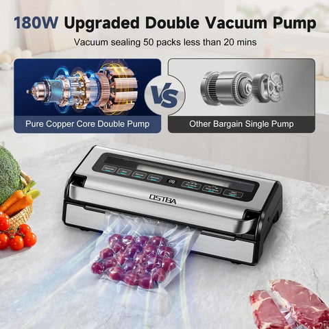 Powerful Vacuum Sealer 12 In 1 With Dual Pump, Built In Cutter displayed on counter sealing food