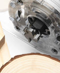 Close-up of Three Flute CNC Spoilboard Surfacing Router Bits With One Quarter Inch Shank And 0.94 Inch Cutter Diameter For Woodworking Slab Flattening Pro Grade RB03A in use on wood.