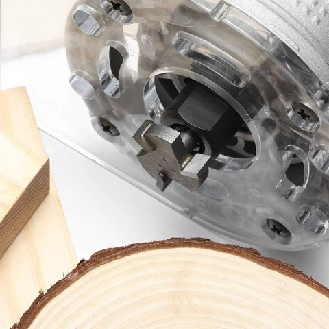 Close-up of Three Flute CNC Spoilboard Surfacing Router Bits With One Quarter Inch Shank And 0.94 Inch Cutter Diameter For Woodworking Slab Flattening Pro Grade RB03A in use on wood.