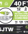 40 Foot Retractable Extension Cord Reel With 12 AWG 3 Conductor SJTW Cable graphic with specs and certifications