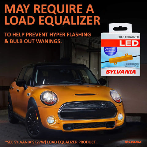Product packaging of a Sylvania LED load equalizer next to a yellow car in a garage.