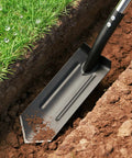 Close-up of Go-To Heavy Duty Trench Shovel With A 4 Inch V Shape Blade Narrow Spade in soil, showing blade angle and precision cutting.