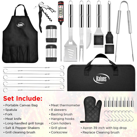 Heavy Duty Stainless Steel 30 Piece Grill Set With Meat Thermometer Case And Apron Perfect For Outdoor Barbecues Dad Gift