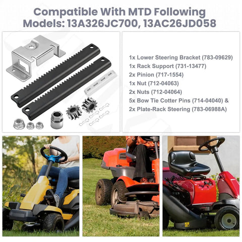 Steering Rack Service Kit For Lawn Tractors And Riding Mowers With Beefed Up Lower Bracket Rack Support And Pinions Built To Fit CC30 CC30H CC30E And R1000 Style Machines Replacement Parts showing components and compatible models list.